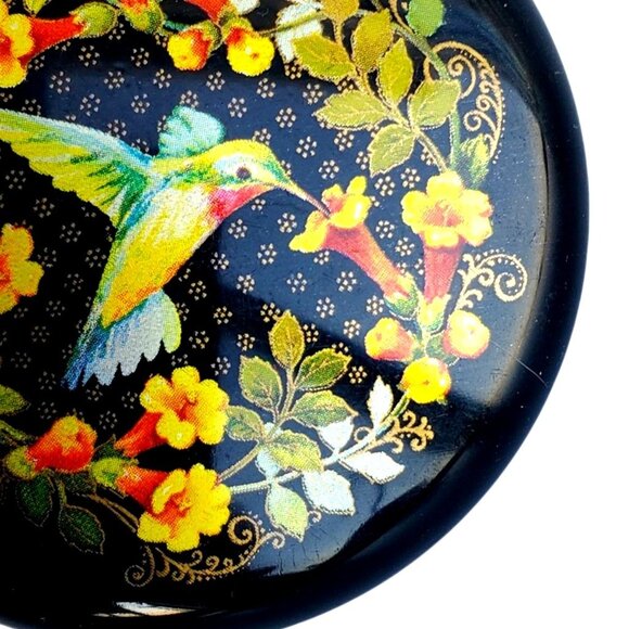 Vintage Hallmark Cards Hummingbird Trinket Jewelry Box Round Black Red Plastic - Picture 3 of 11